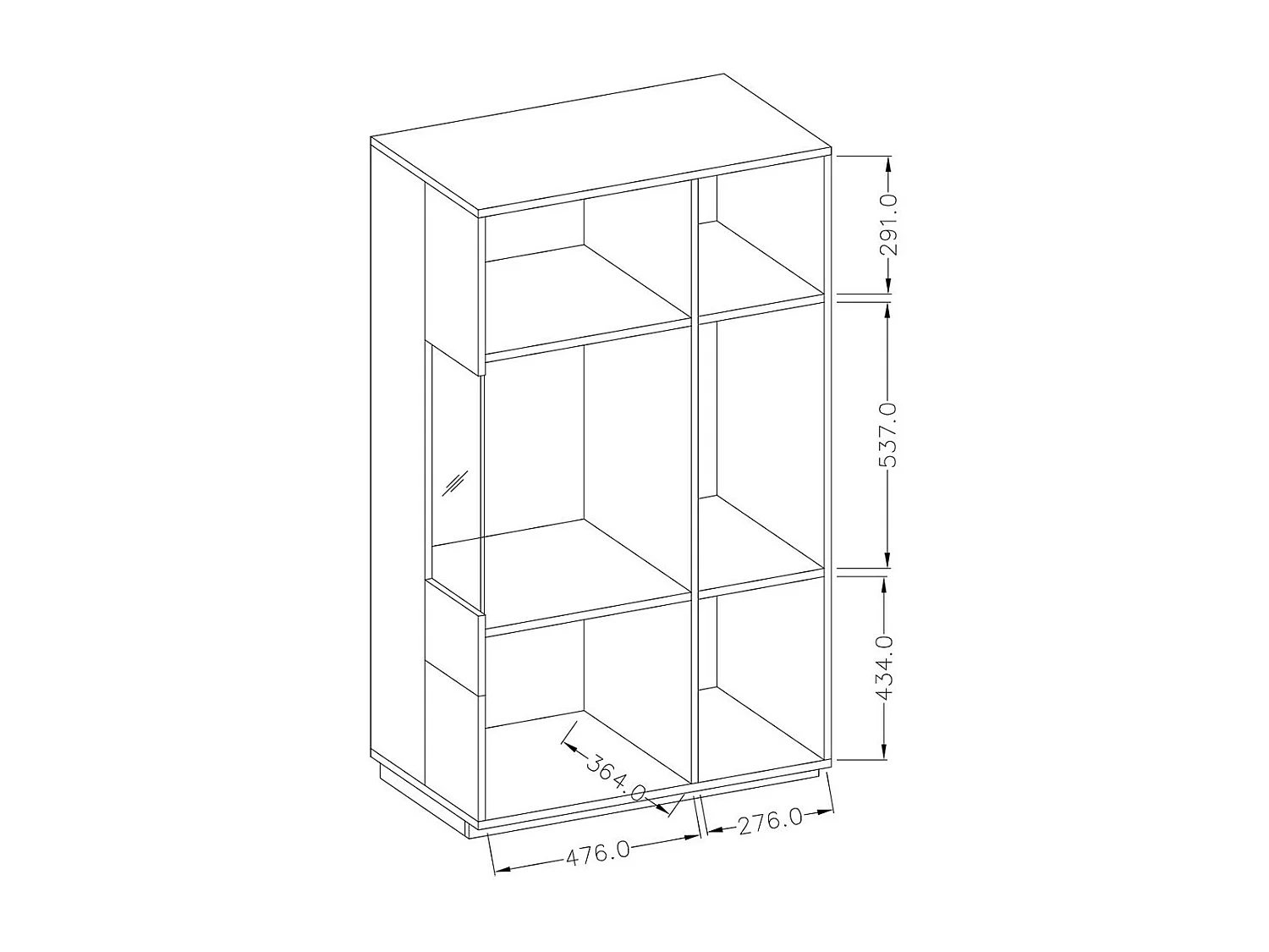 Aparador alto colección KILES de dos puertas. Color blanco y roble. Puerta acristalada a la derecha.