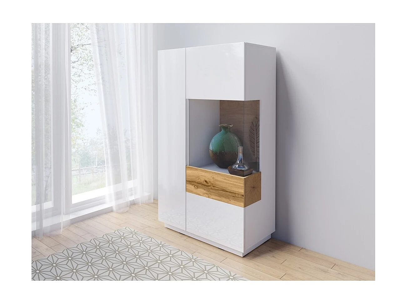 Buffet haut collection KILES deux portes. Coloris blanc et chêne. Porte vitrée à droite