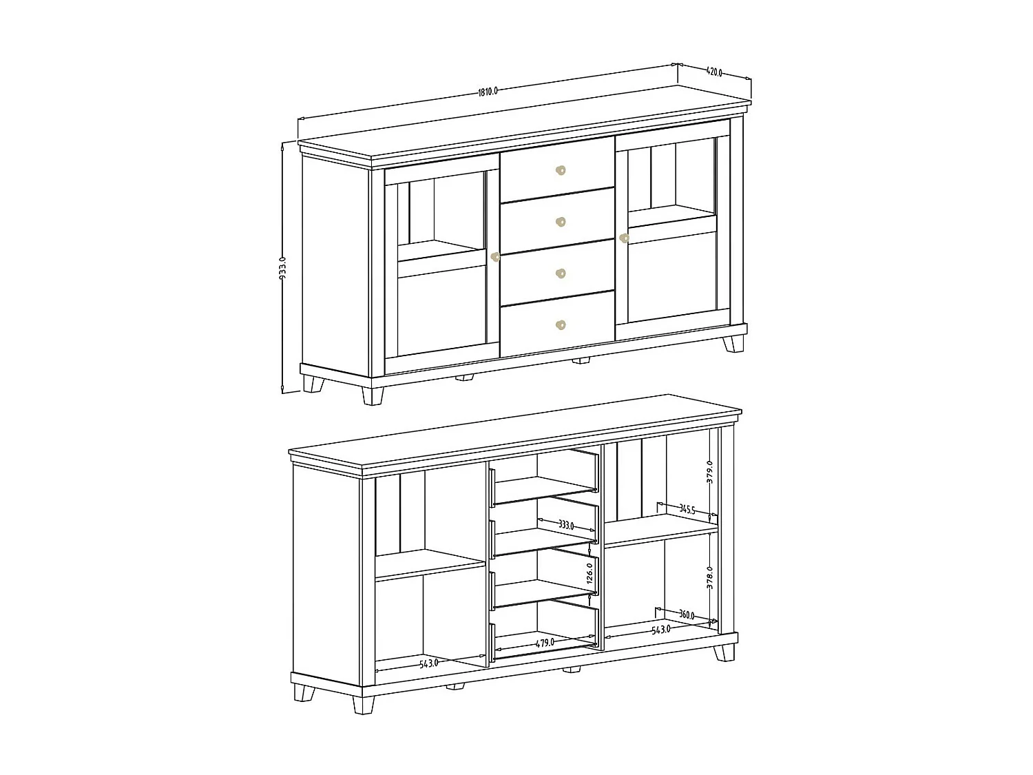 Buffet 180cm collectie ASSIA. Kleur groen en eiken. 2 deuren en 4 laden.