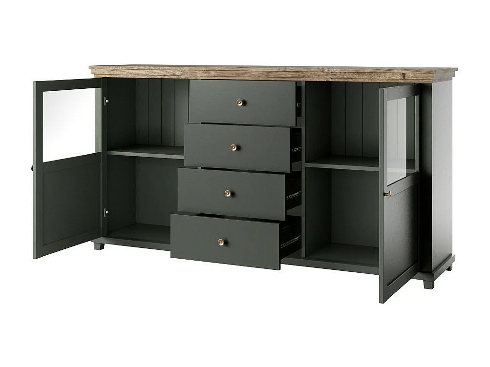 Buffet 180cm collectie ASSIA. Kleur groen en eiken. 2 deuren en 4 laden.