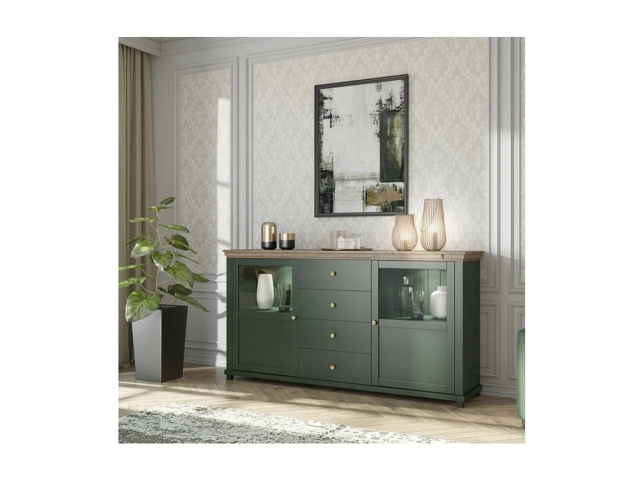Buffet 180cm collection ASSIA. Coloris vert et chêne. 2 portes et 4 tiroirs