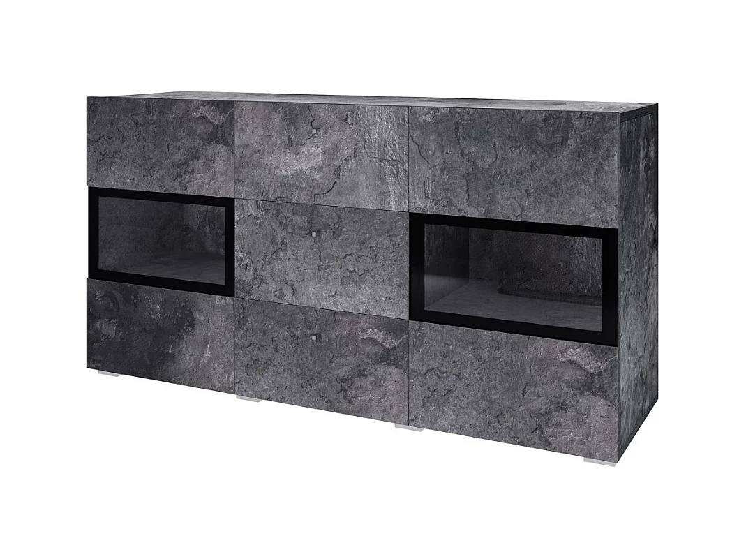 Buffet 130 cm RAMOS – Gris effet ardoise et noir – 2 portes vitrées + 3 tiroirs – Sans LED