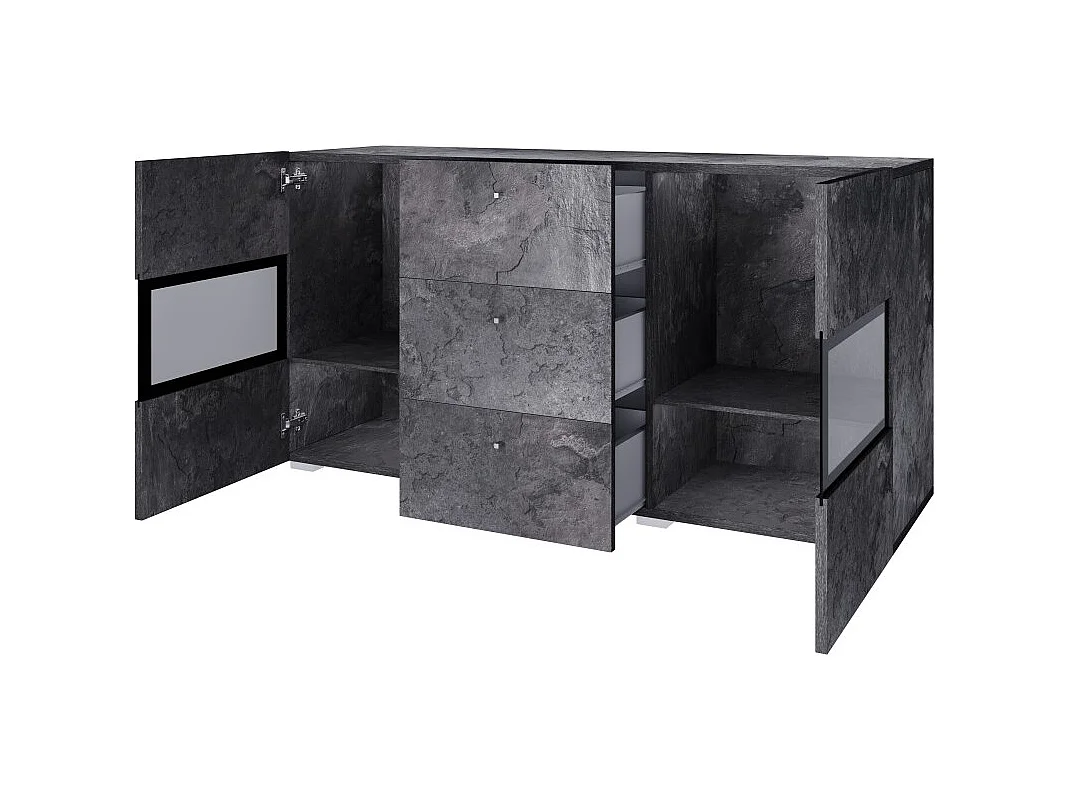 Buffet 130 cm RAMOS – Gris effet ardoise et noir – 2 portes vitrées + 3 tiroirs – Sans LED