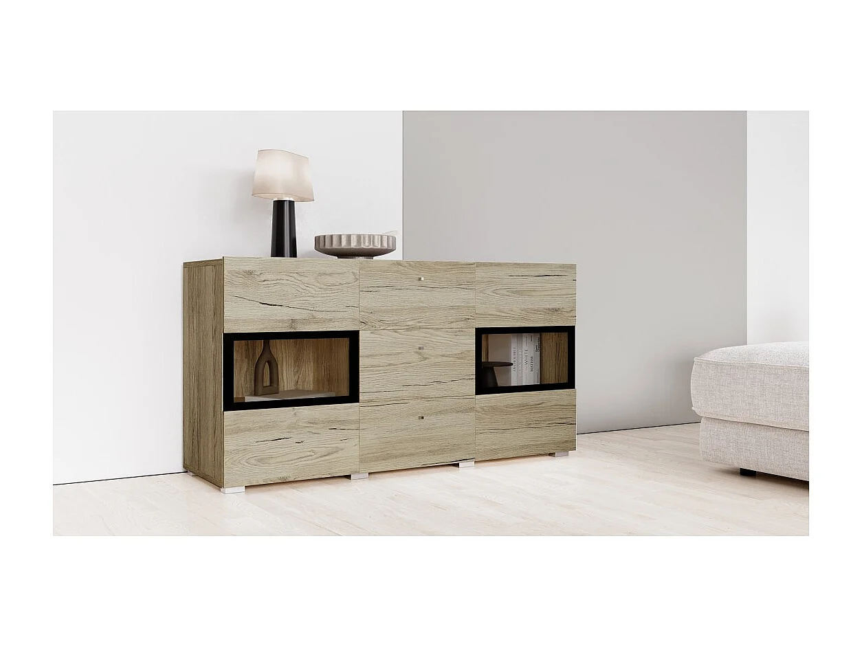 Buffet RAMOS – 2 portes vitrées + 3 tiroirs – Coloris chêne et noir – Design contemporain – LED non incluse