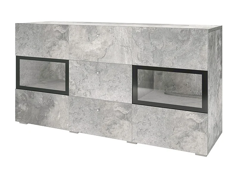 Buffet RAMOS – 2 puertas con cristales + 3 cajones – Gris efecto concreto y negro – Sin LED