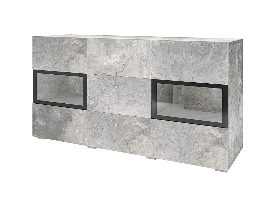 Buffet RAMOS – 2 portes vitrées + 3 tiroirs – Gris effet béton et noir – Sans LED