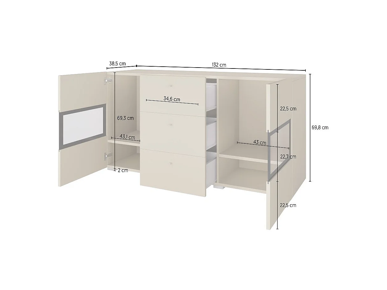 Buffet RAMOS – 2 portes vitrées + 3 tiroirs – Gris effet béton et noir – Sans LED