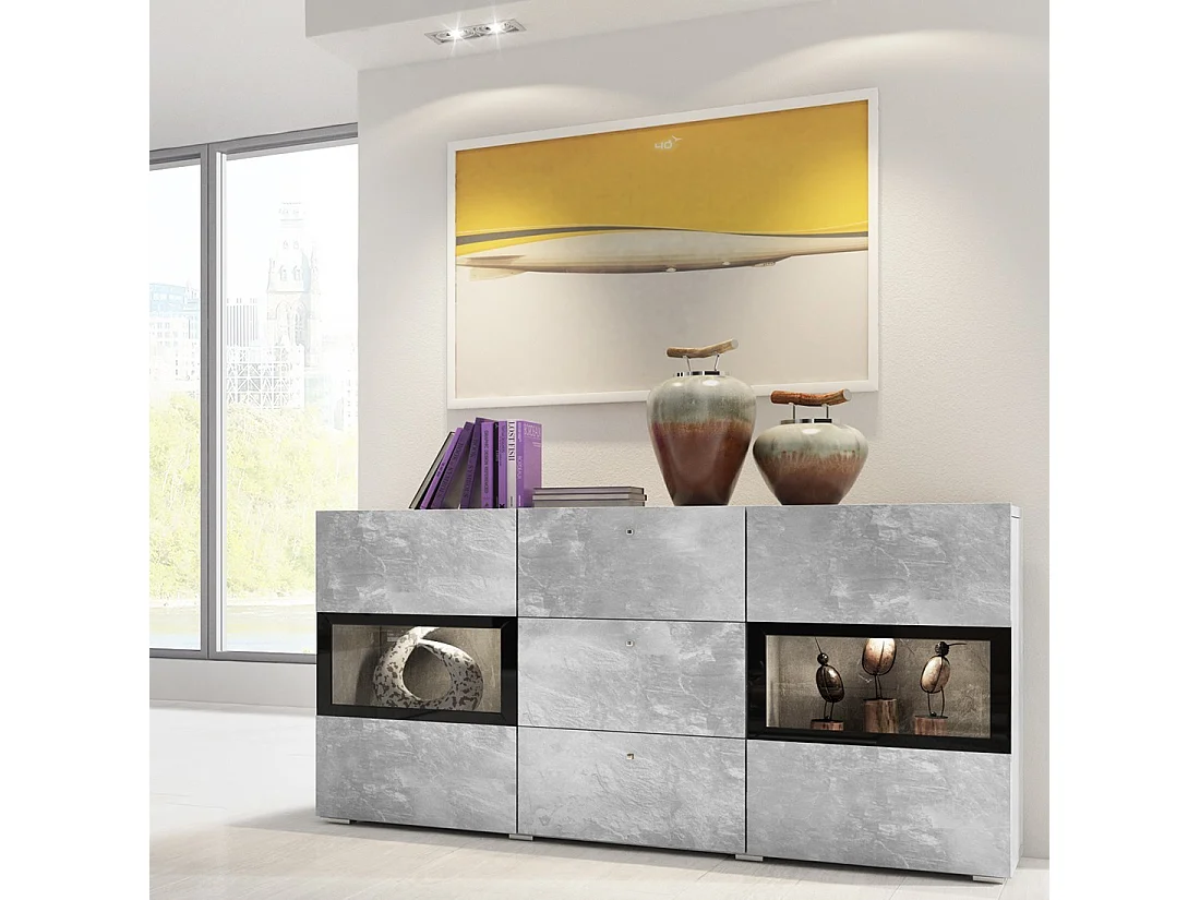 Buffet RAMOS – 2 portes vitrées + 3 tiroirs – Gris effet béton et noir – Sans LED