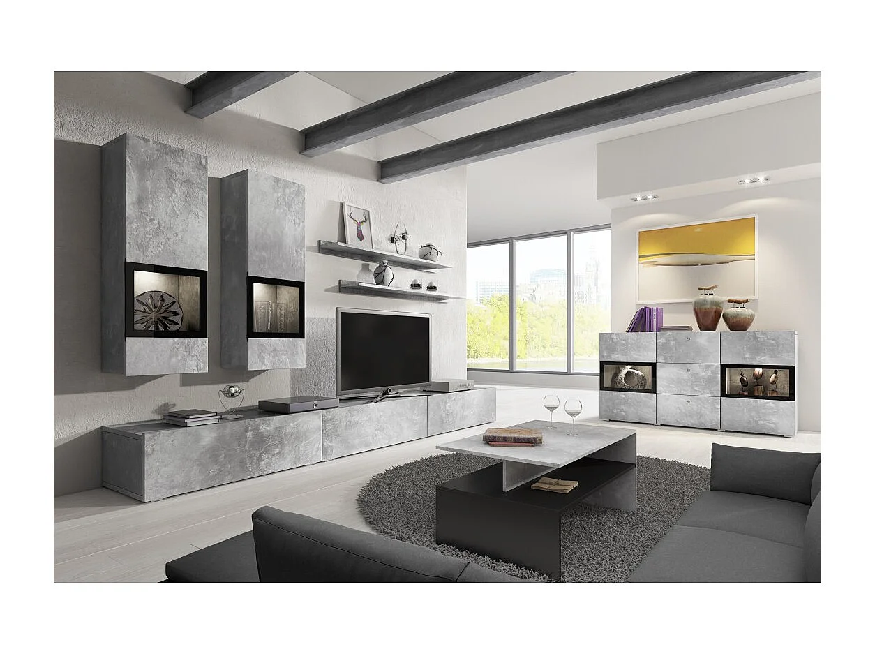 Buffet RAMOS – 2 portes vitrées + 3 tiroirs – Gris effet béton et noir – Sans LED