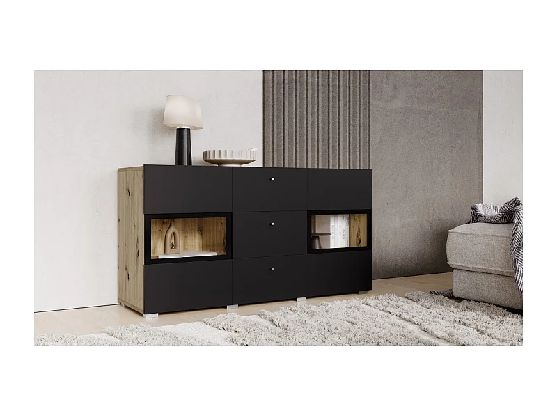 Buffet RAMOS 130 cm – Roble y negro super mate – 2 puertas con vidrio y 3 cajones – Sin LED