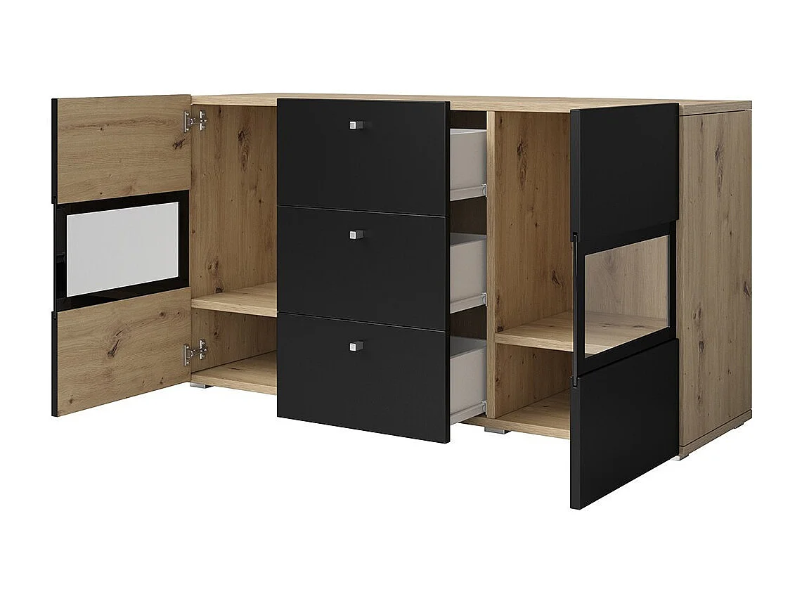 Buffet RAMOS 130 cm – Chêne et noir super mat – 2 portes vitrées et 3 tiroirs – Sans LED
