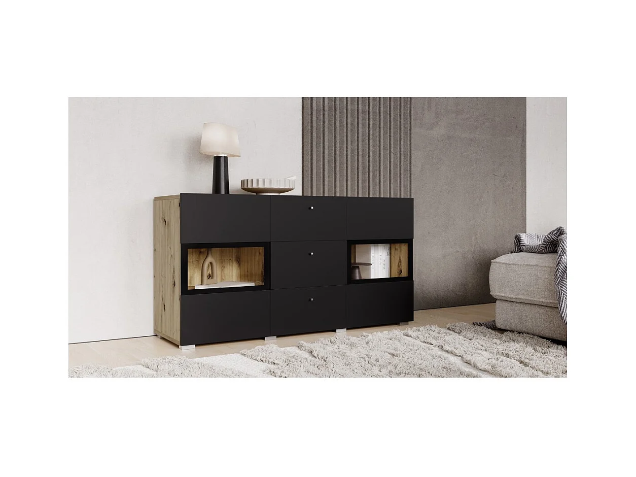 Buffet met 2 deuren en 3 laden, collectie RAMOS. Kleur: eiken en supermat zwart.