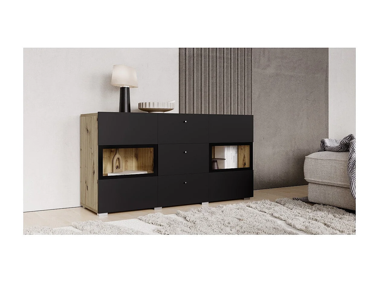 Buffet RAMOS 130 cm – Chêne et noir super mat – 2 portes vitrées et 3 tiroirs – Sans LED