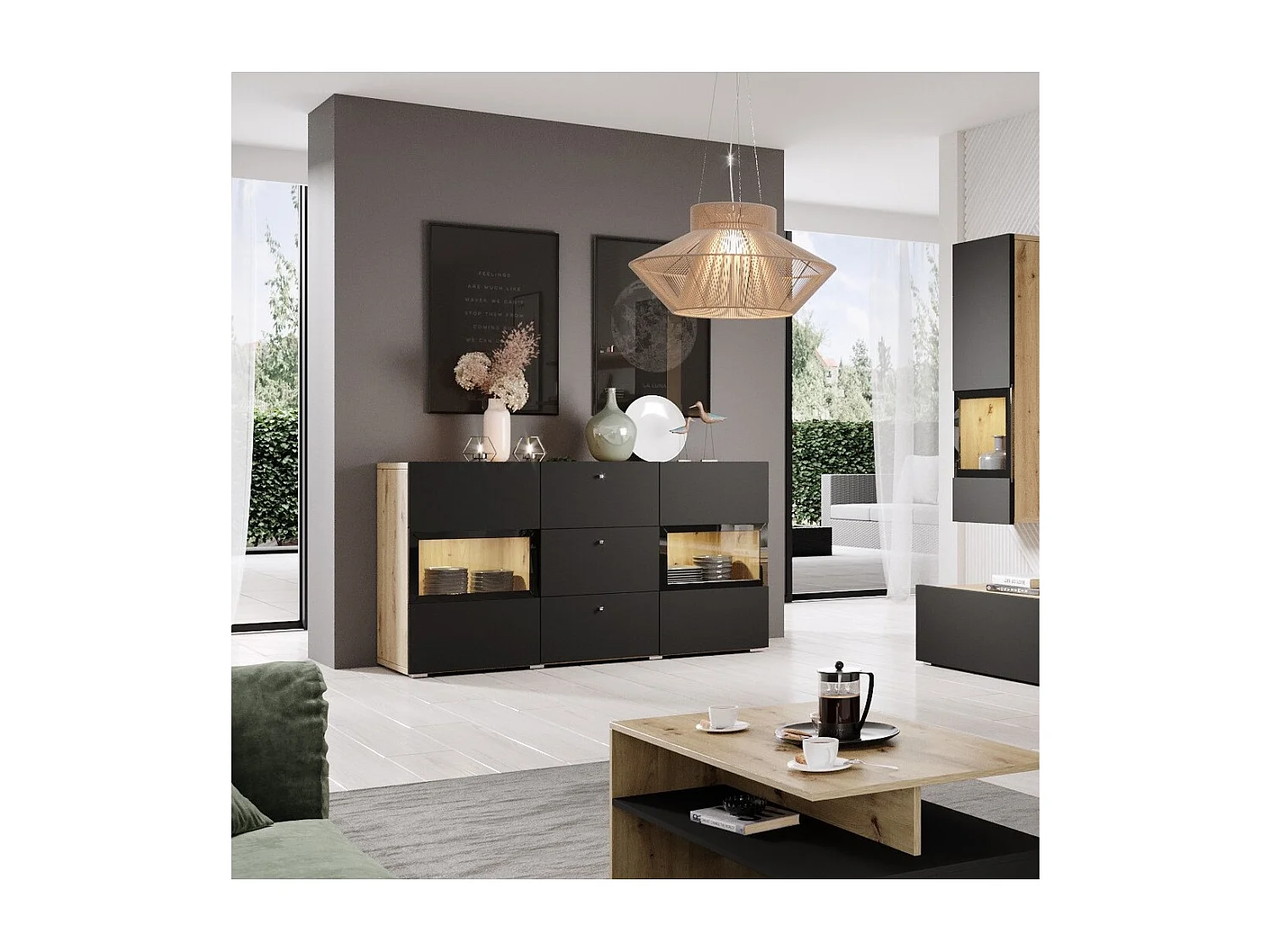 Buffet RAMOS 130 cm – Chêne et noir super mat – 2 portes vitrées et 3 tiroirs – Sans LED