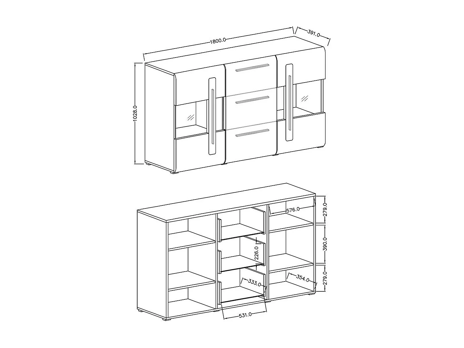 Buffet 180cm coleção BREDA com duas portas parcialmente envidraçadas e três gavetas. Cor Carvalho.