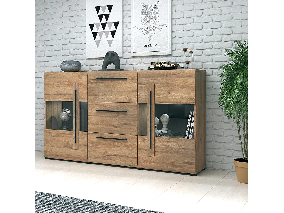 Buffet 180cm collectie BREDA met twee deels beglaasde deuren en drie laden. Kleur Eiken