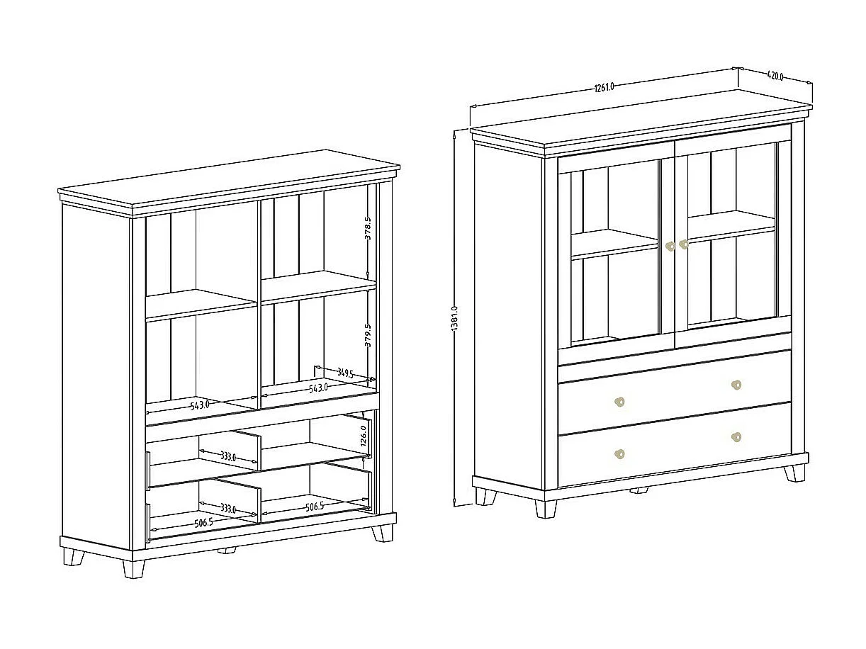 Vitrinenschrank Kollektion ASSIA. Farbe Grün und Eiche. 2 Türen und 2 Schubladen.