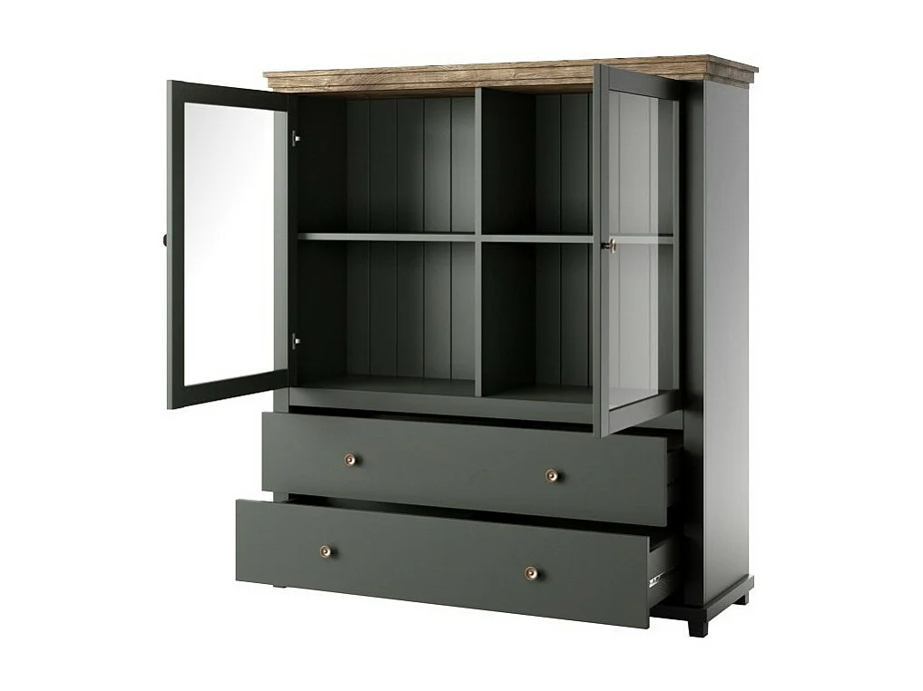 Vitrinenschrank Kollektion ASSIA. Farbe Grün und Eiche. 2 Türen und 2 Schubladen.