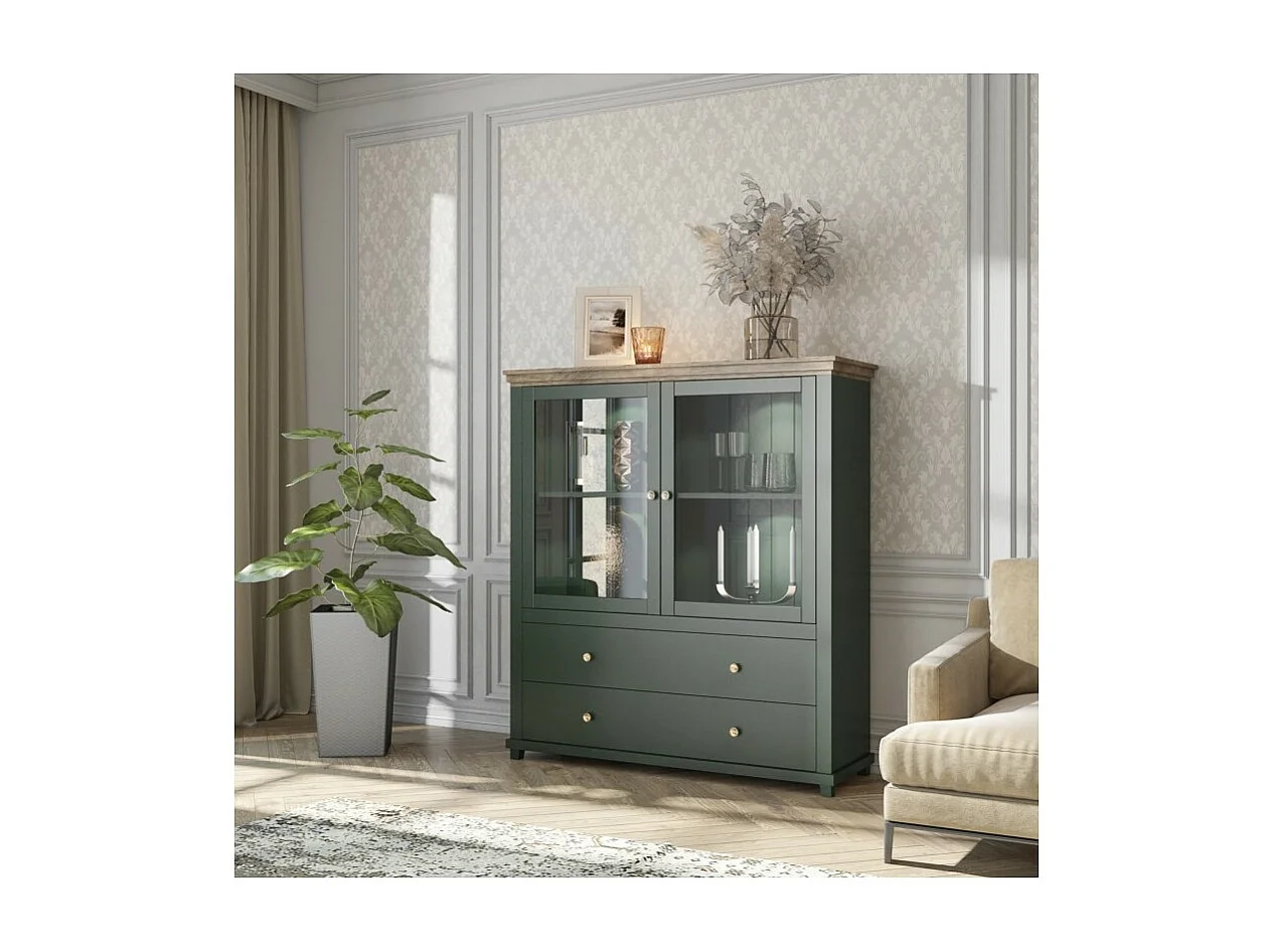 Vaisselier collection ASSIA. Coloris vert et chêne. 2 Portes et 2 Tiroirs