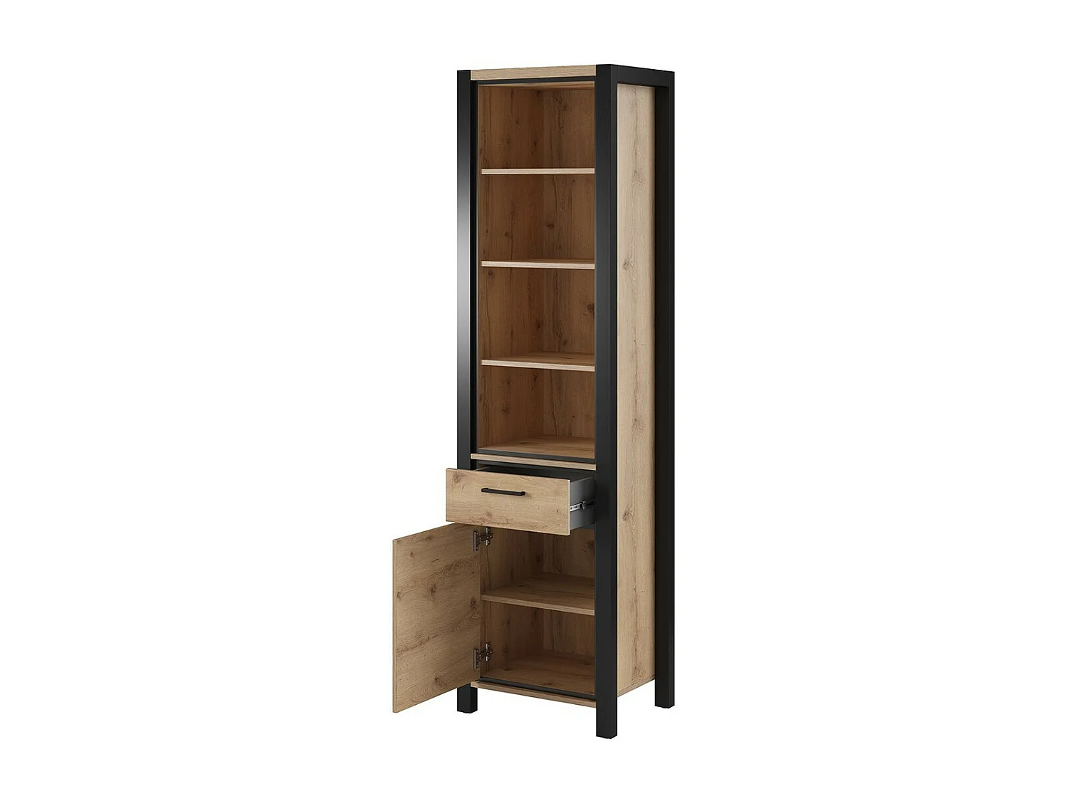 Hoog vitrinekastje collectie TIVORA. Kleur eiken en zwart