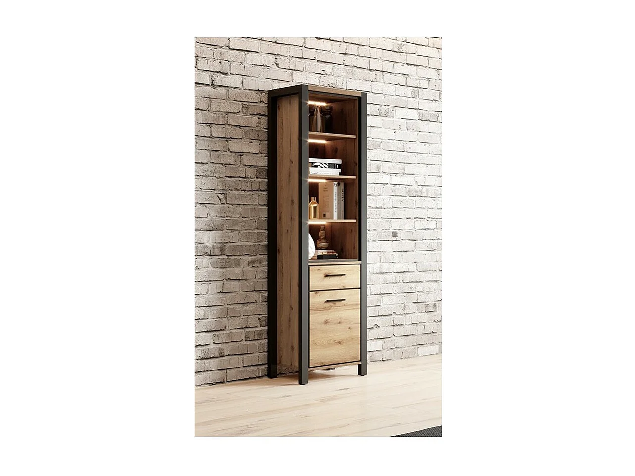 Hoog vitrinekastje collectie TIVORA. Kleur eiken en zwart