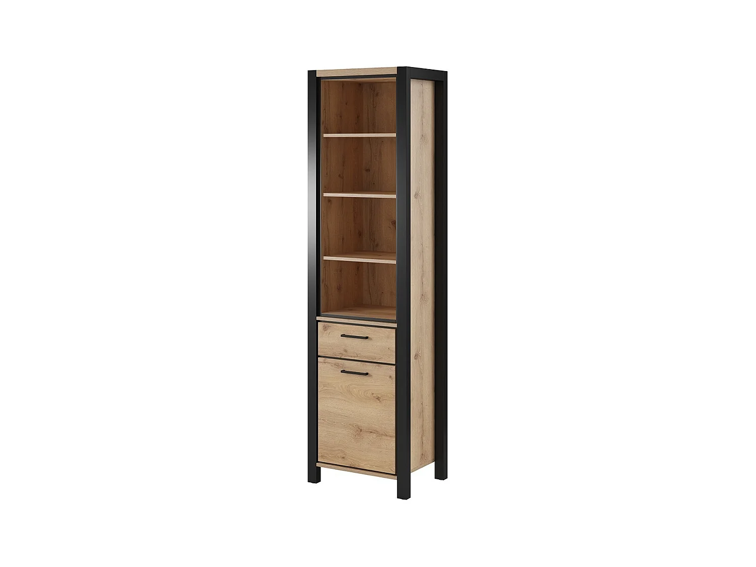 Hoog vitrinekastje collectie TIVORA. Kleur eiken en zwart