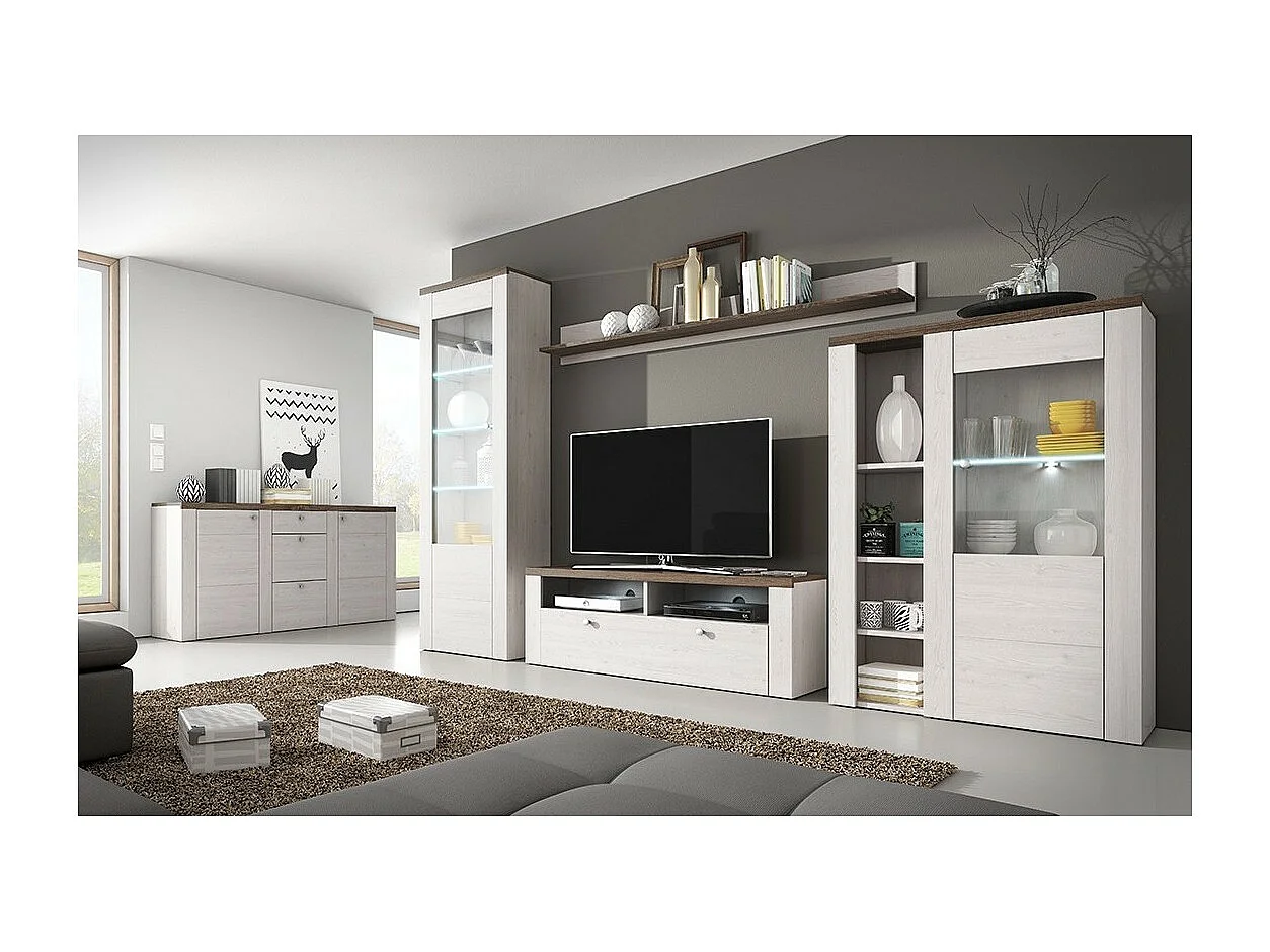 Vitrine haute design 1 porte collection SANTIAGO. Coloris blanc effet bois et chêne