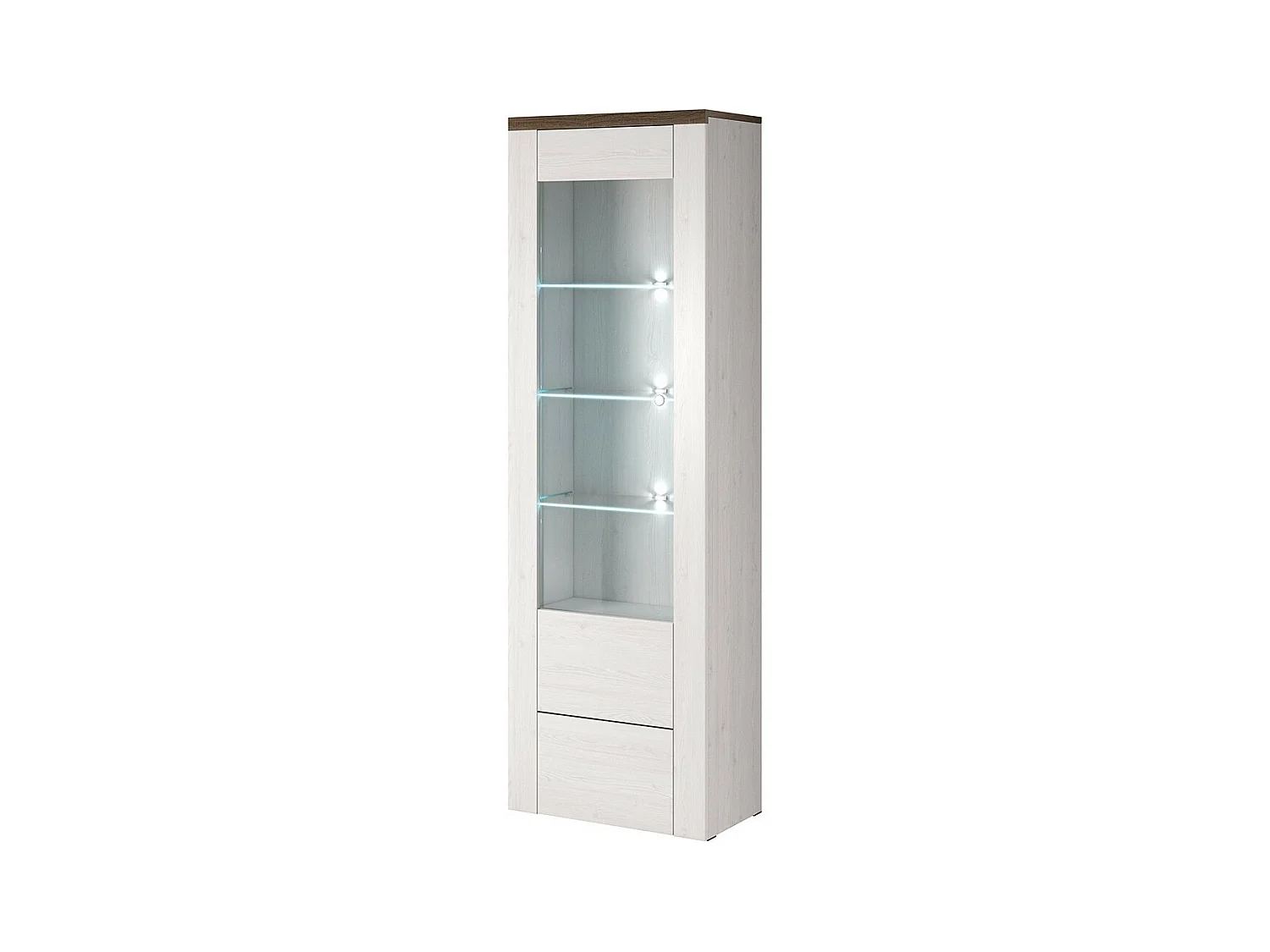 Hoge vitrinekast met 1 deur uit de SANTIAGO collectie. Kleur wit met houteffect en eiken.