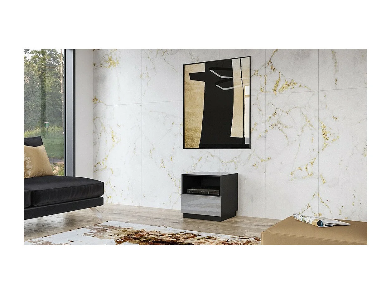Kleines TV-Möbel ZANTE 50 cm, 1 Schublade, 1 Fach, schwarz und glänzend grau