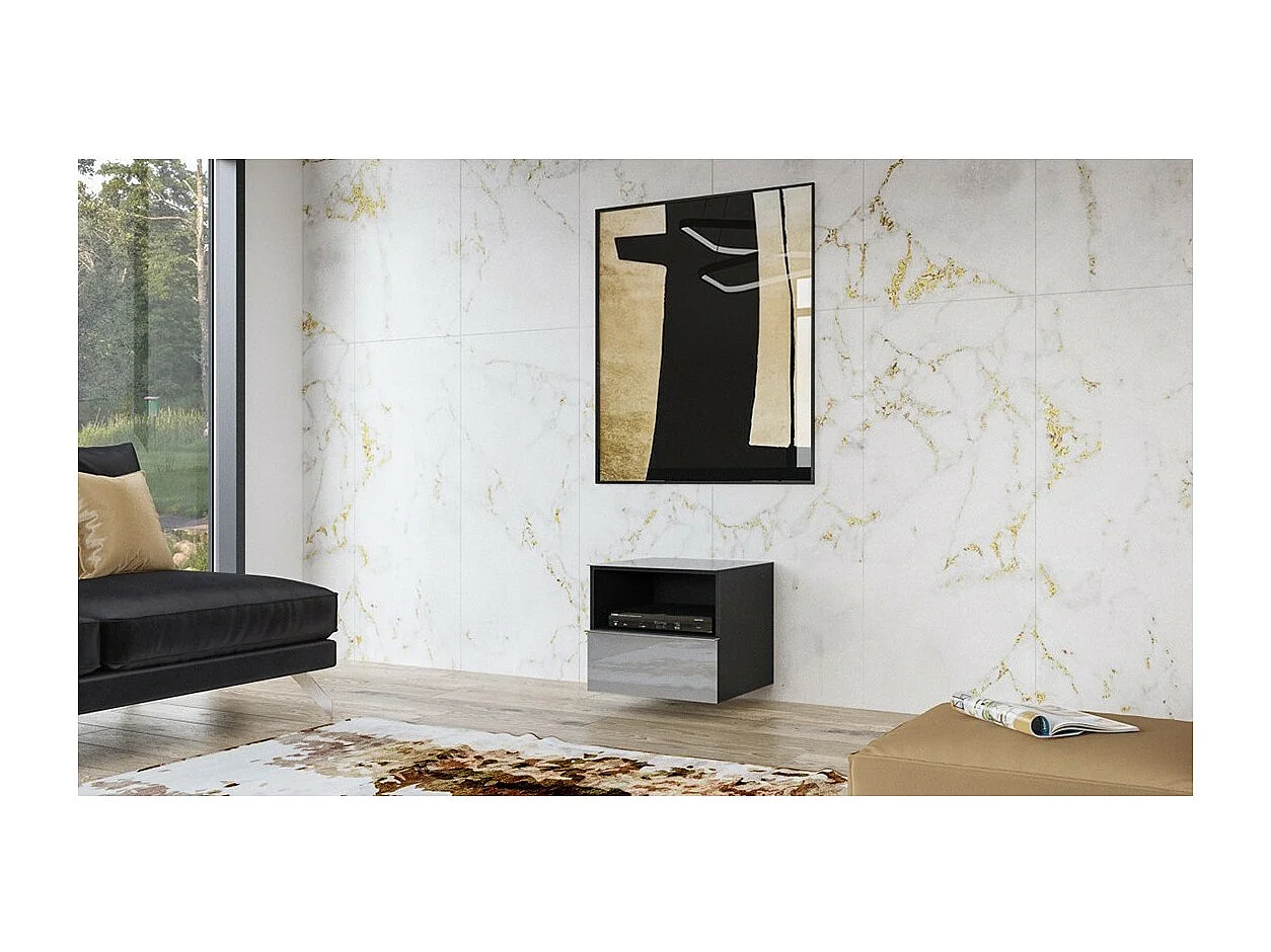 Kleines TV-Möbel ZANTE 50 cm, 1 Schublade, 1 Fach, schwarz und glänzend grau