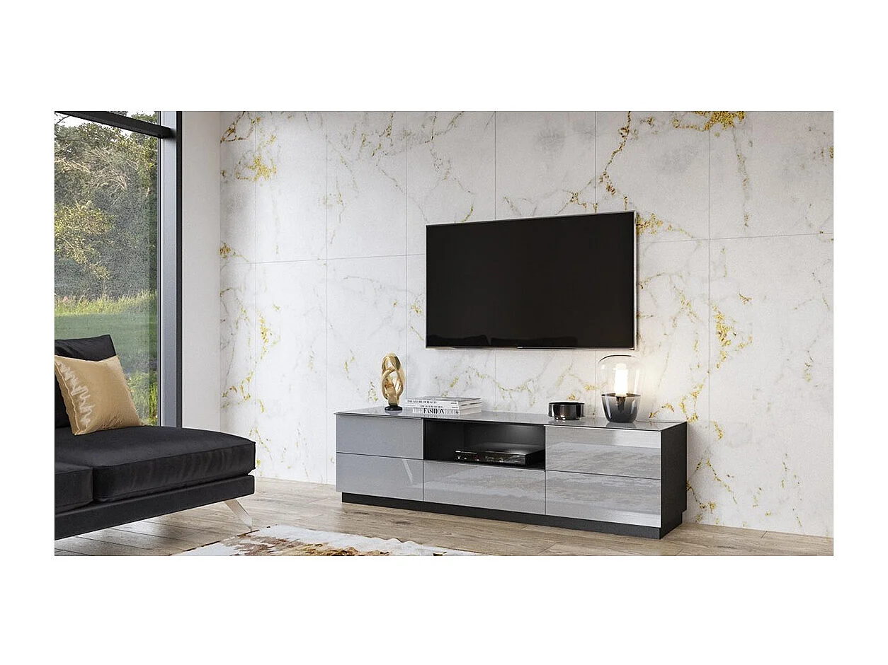 TV-meubel 180cm uit de ZANTE collectie met 2 deuren en 1 lade. Kleur zwart en glanzend grijs.