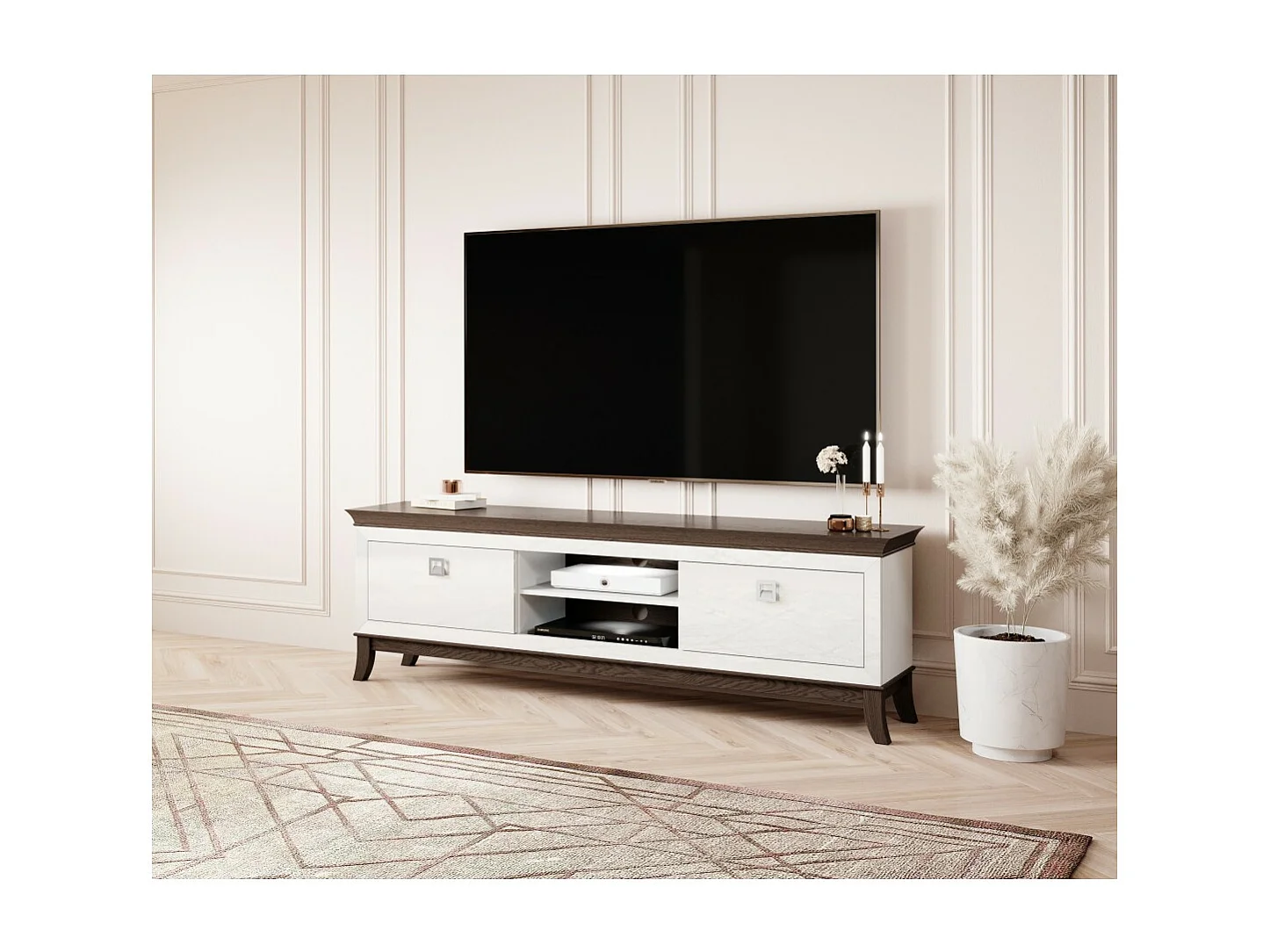 Mueble de TV XL de 196 cm colección PALACE. Color blanco y roble.