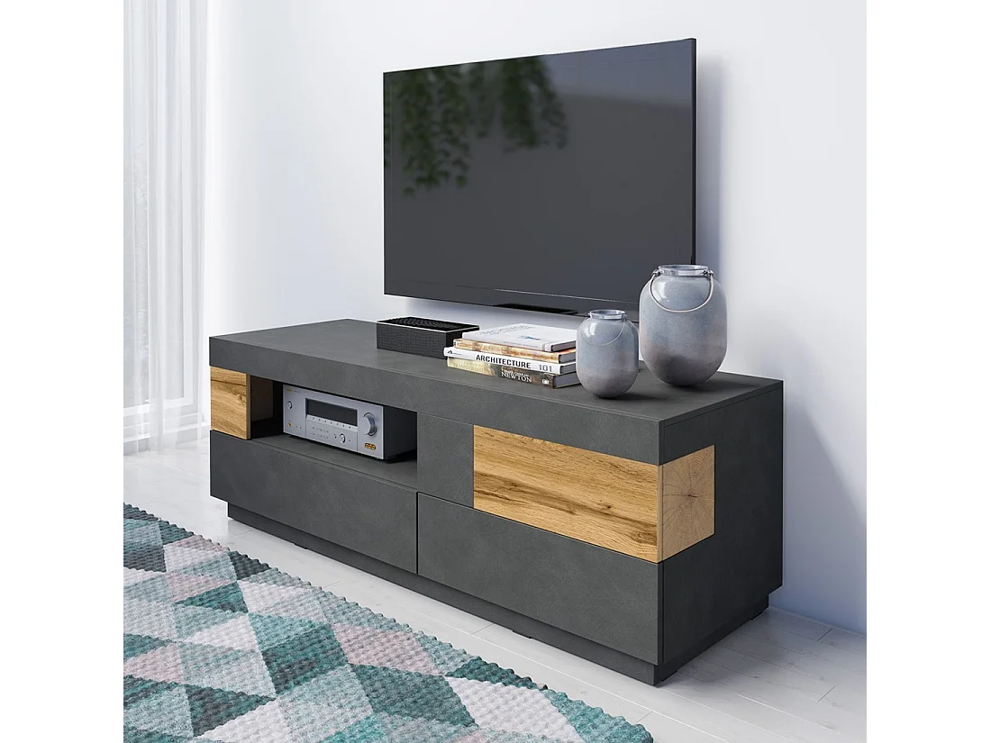 Mueble de TV 160cm colección KILES. Color gris antracita y roble. Estilo diseño.