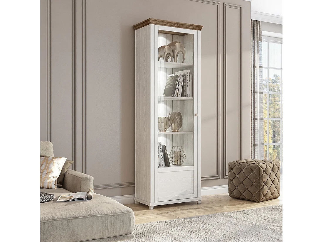 Vitrine 1 porte collection ASSIA. Couleur frêne blanc et chêne. Ouverture droite