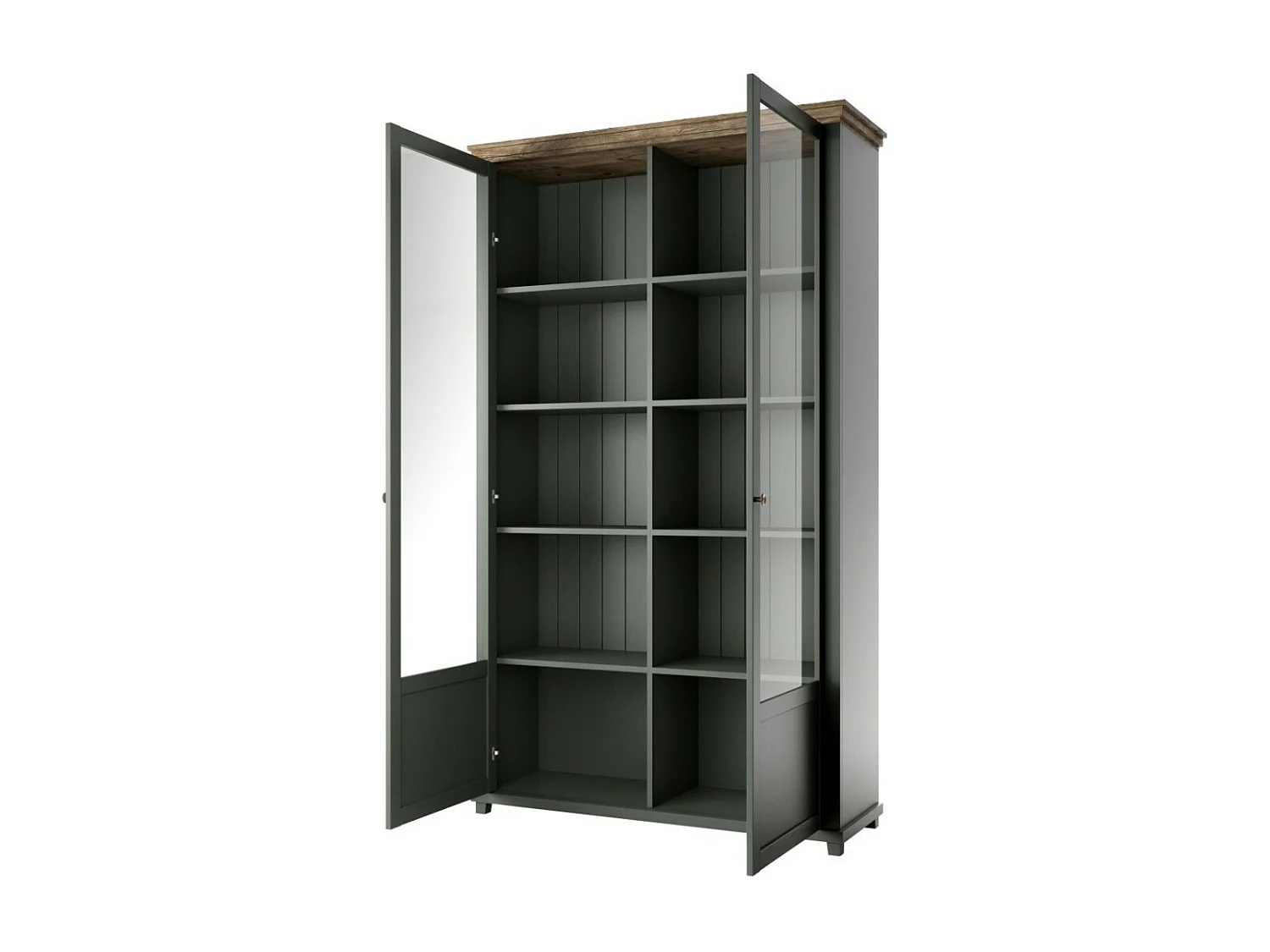 Vetrina ASSIA 2 porte vetrate verde scuro e legno - 125 cm - 10 nicchie - Eleganza senza tempo