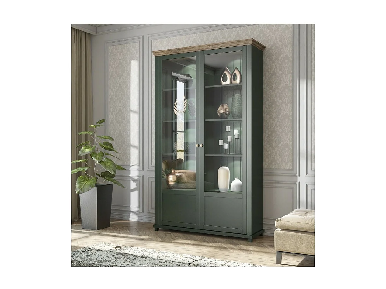 Vitrine ASSIA 2 Glastüren dunkelgrün und Holz - 125 cm - 10 Fächer - Zeitlose Eleganz