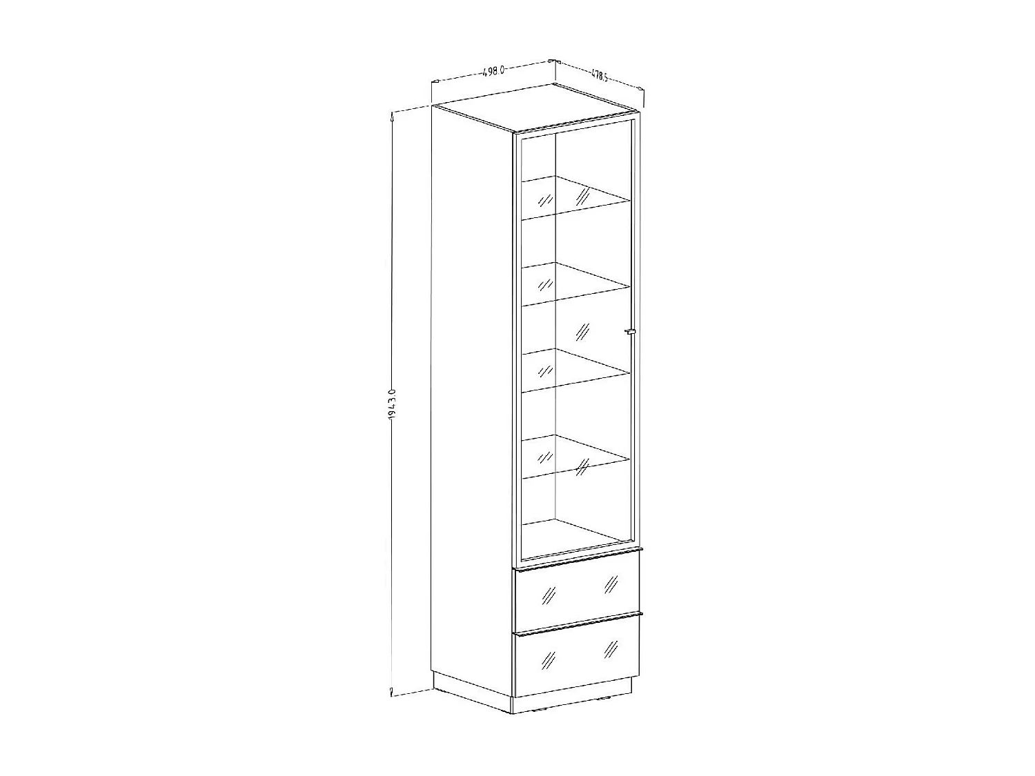 Vitrine haute ZANTE avec 1 porte vitrée et 2 tiroirs - Blanc brillant - 50 x 194 x 48 cm