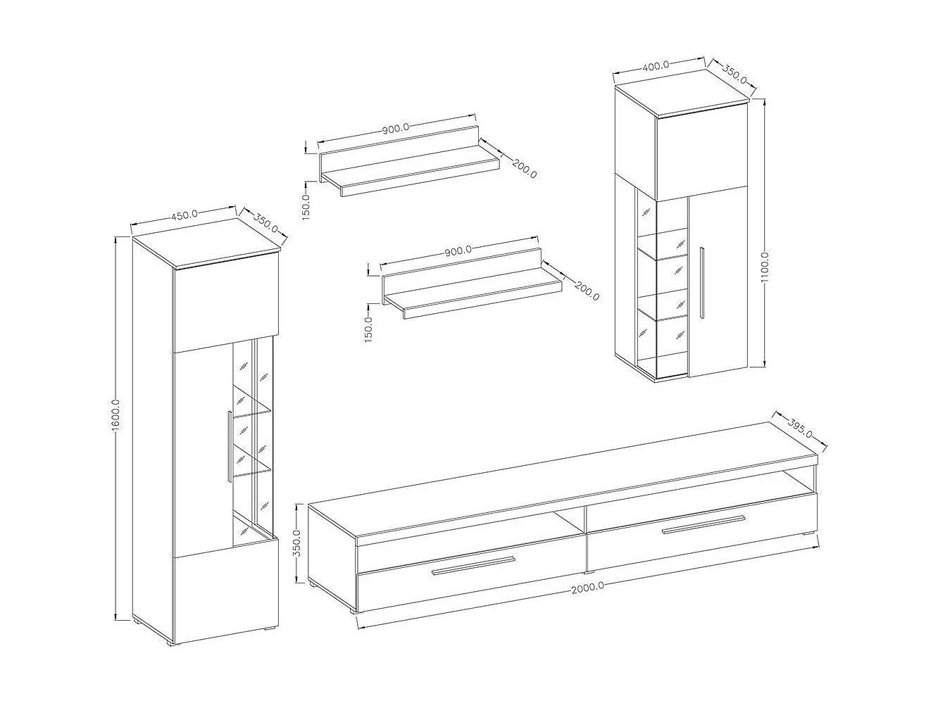 Composición de 5 muebles para sala de estar en color blanco brillante, colección BOMBAY.