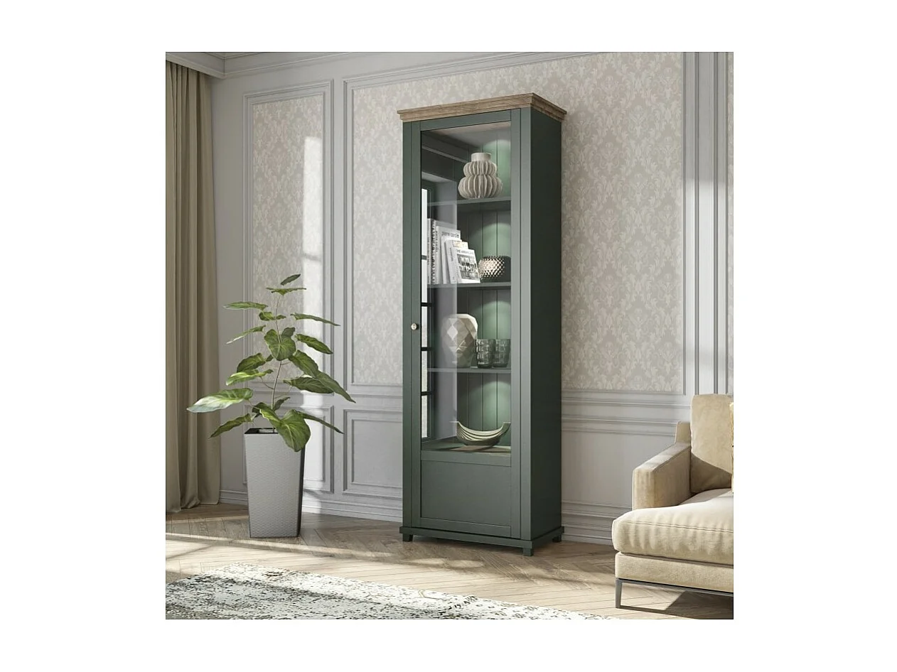 Vitrina 1 porta coleção ASSIA. Cores verde e carvalho. Abertura à direita.