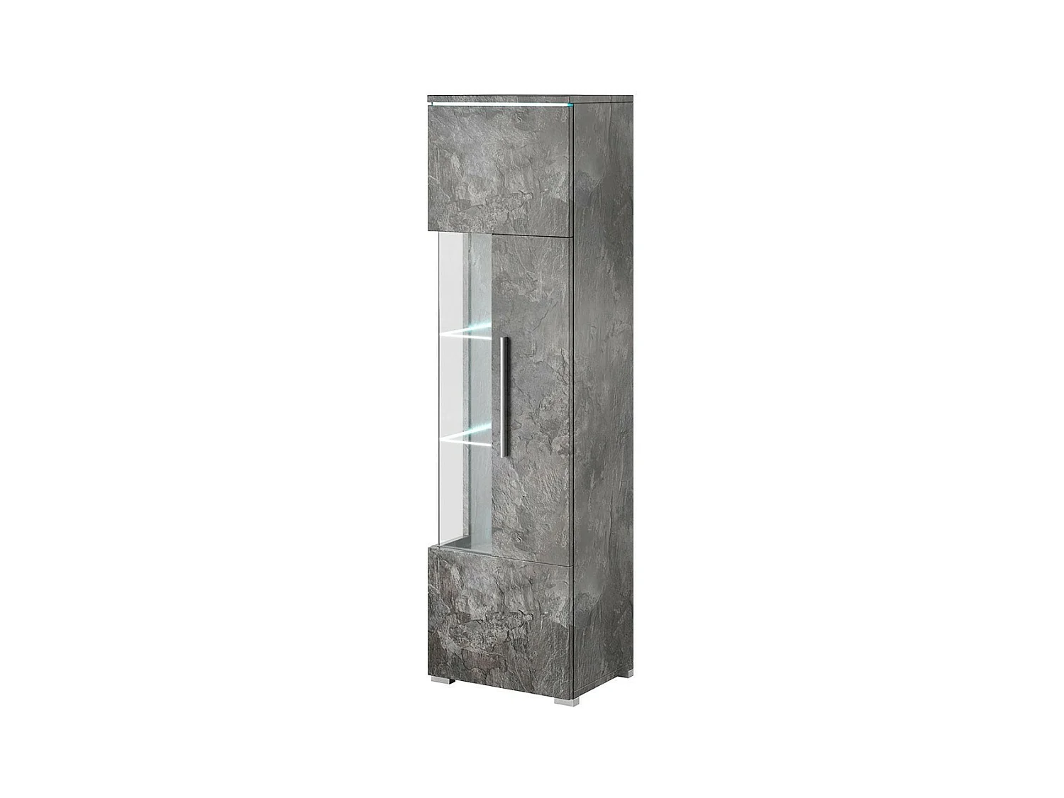 Hoge design vitrinekast met multicolor verlichting uit de BOMBAY collectie, leisteen grijs effect