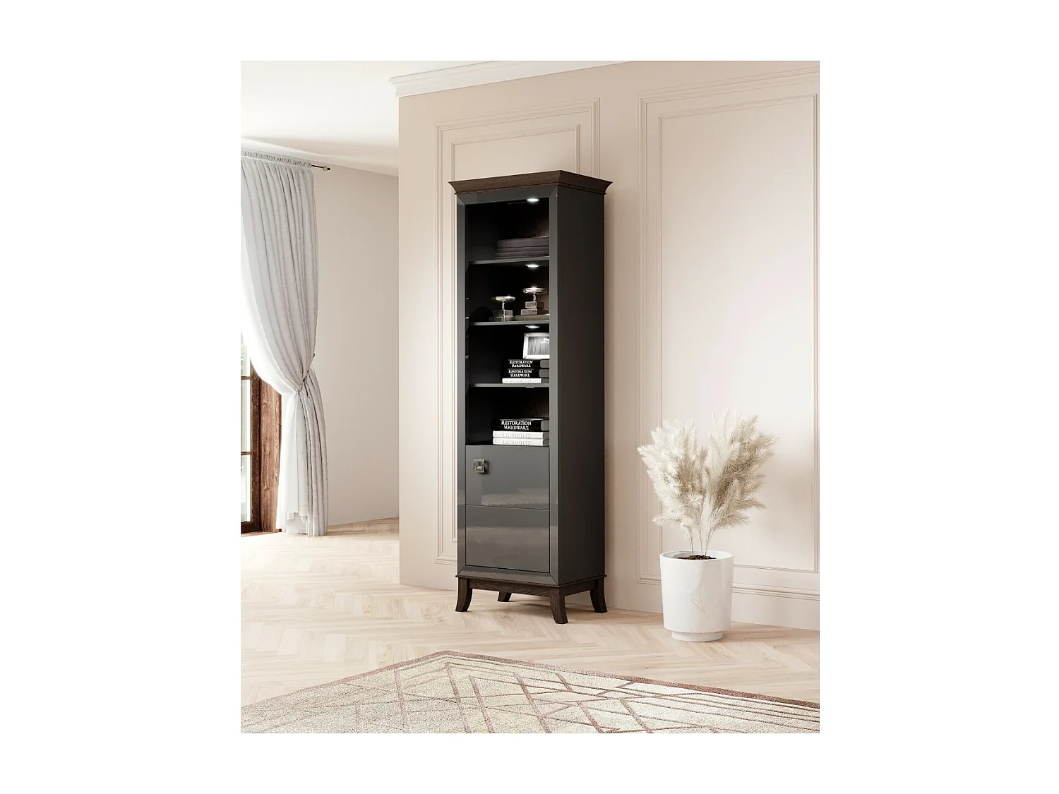 Vetrina 1 porta bassa collezione PALACE. Colori grigio e rovere scuro.