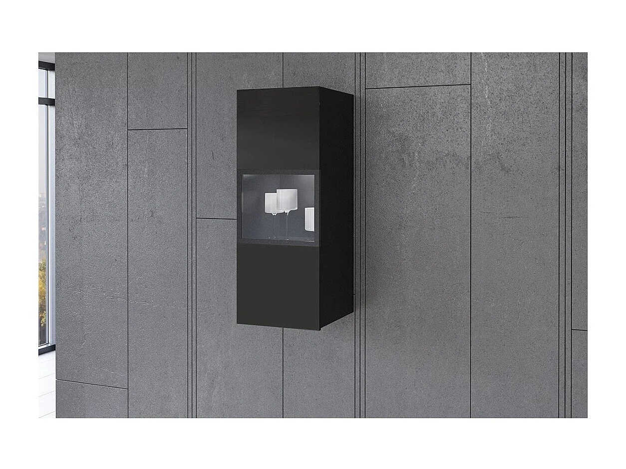 Vitrina suspensa, 1 porta de vidro coleção ZANTE. Cor preto brilhante com glitter.