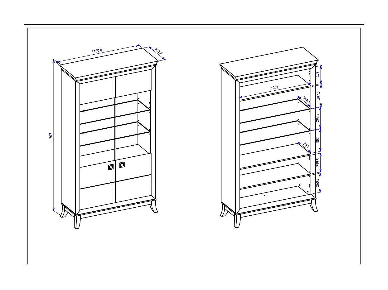 Vitrine Design mit 2 Türen aus der Kollektion PALACE. Farbe Grau und dunkle Eiche.