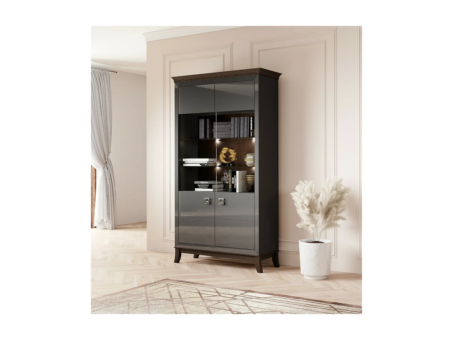 Vitrine Design mit 2 Türen aus der Kollektion PALACE. Farbe Grau und dunkle Eiche.