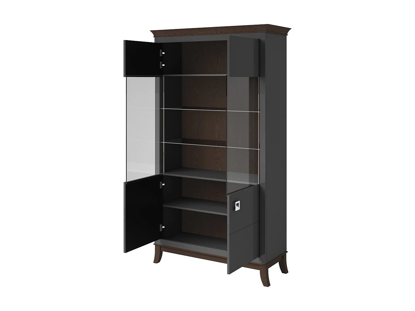 Vitrine Design mit 2 Türen aus der Kollektion PALACE. Farbe Grau und dunkle Eiche.