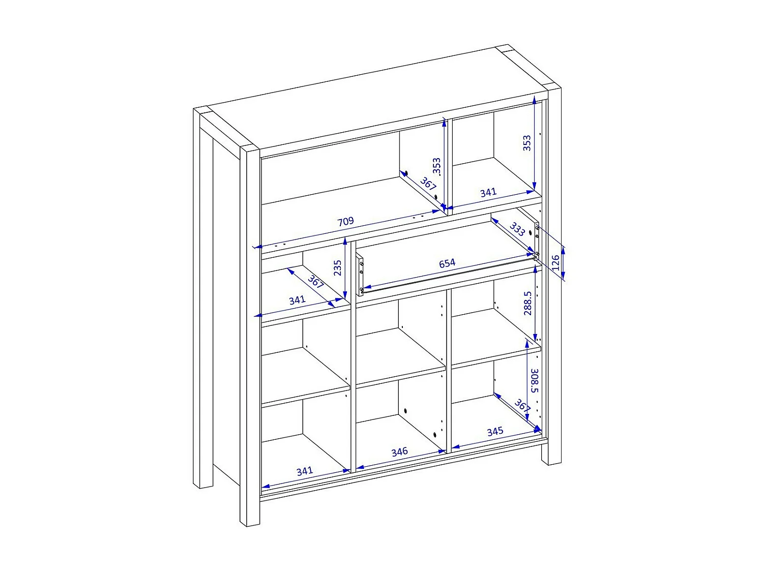 Aparador com 4 portas e 1 gaveta da coleção BOWIE. Cor carvalho e preto.