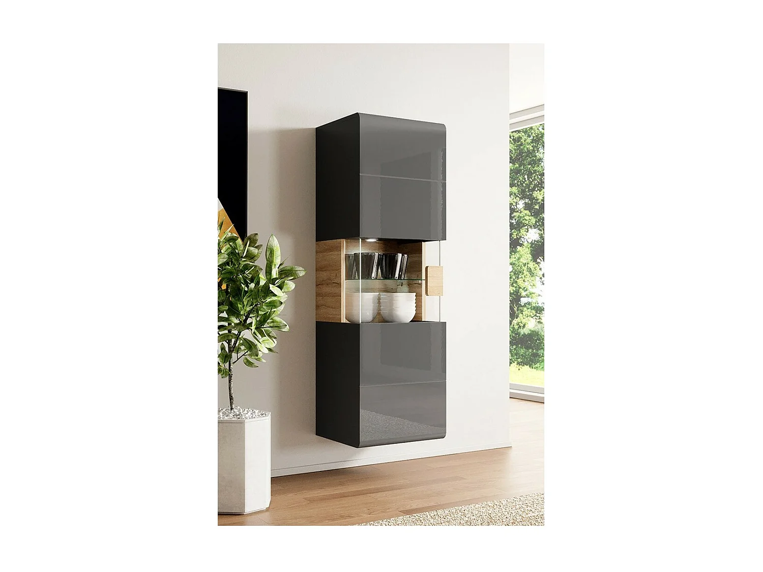 Zwevende vitrinekast collectie OHIO in antracietgrijs en eiken