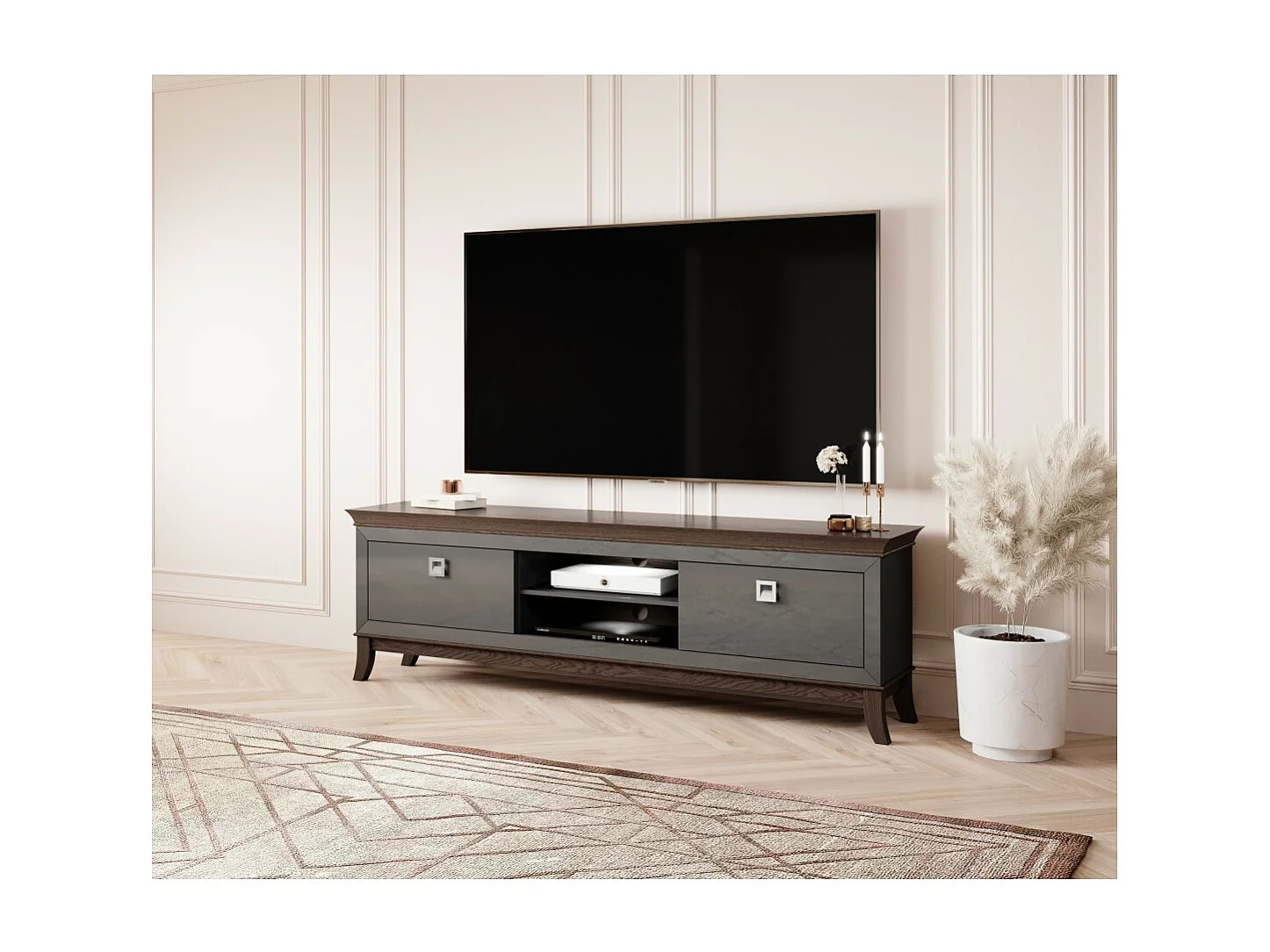 TV-Möbel XL 196 cm, Kollektion PALACE. Farbe Grau und Eiche.