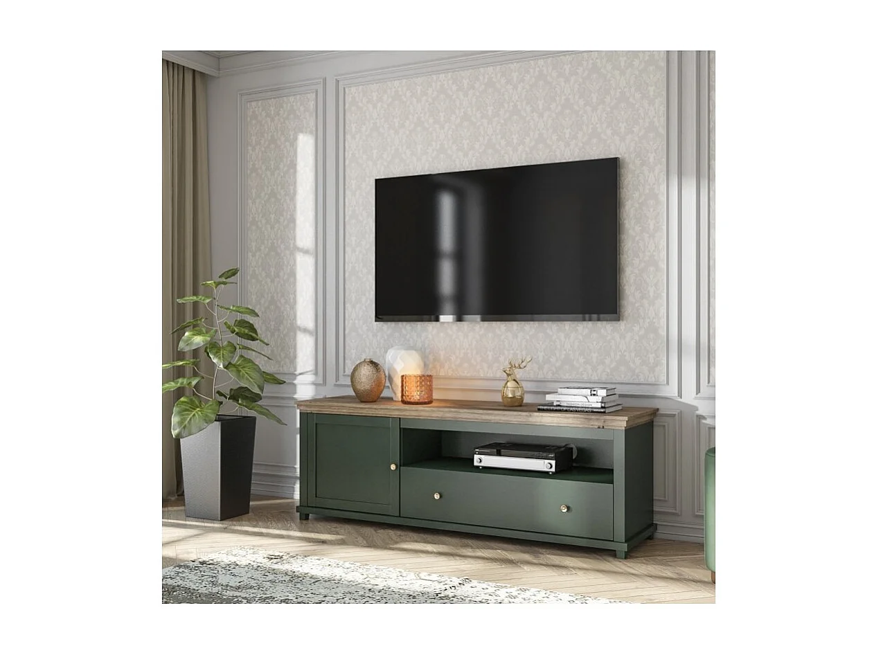 Mobile TV 180cm. Collezione ASSIA. Color verde e rovere. 1 porta e 1 cassetto.