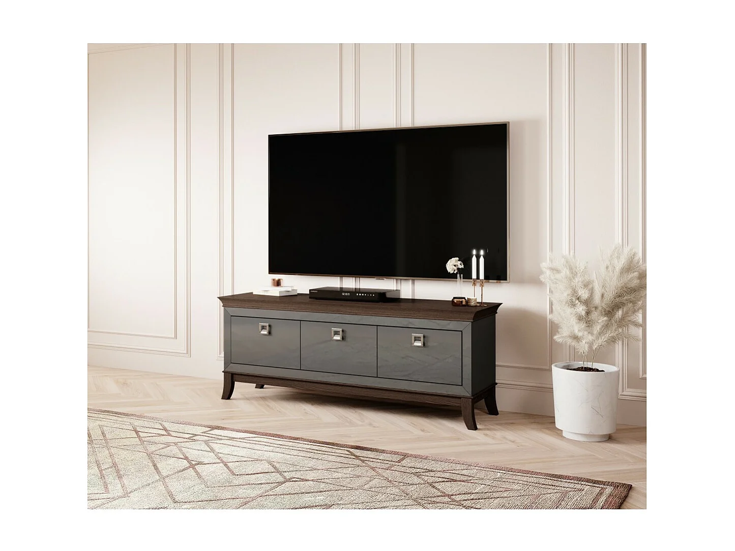 Meuble TV 160cm collection PALACE 3 tiroirs. Couleur gris et chêne.